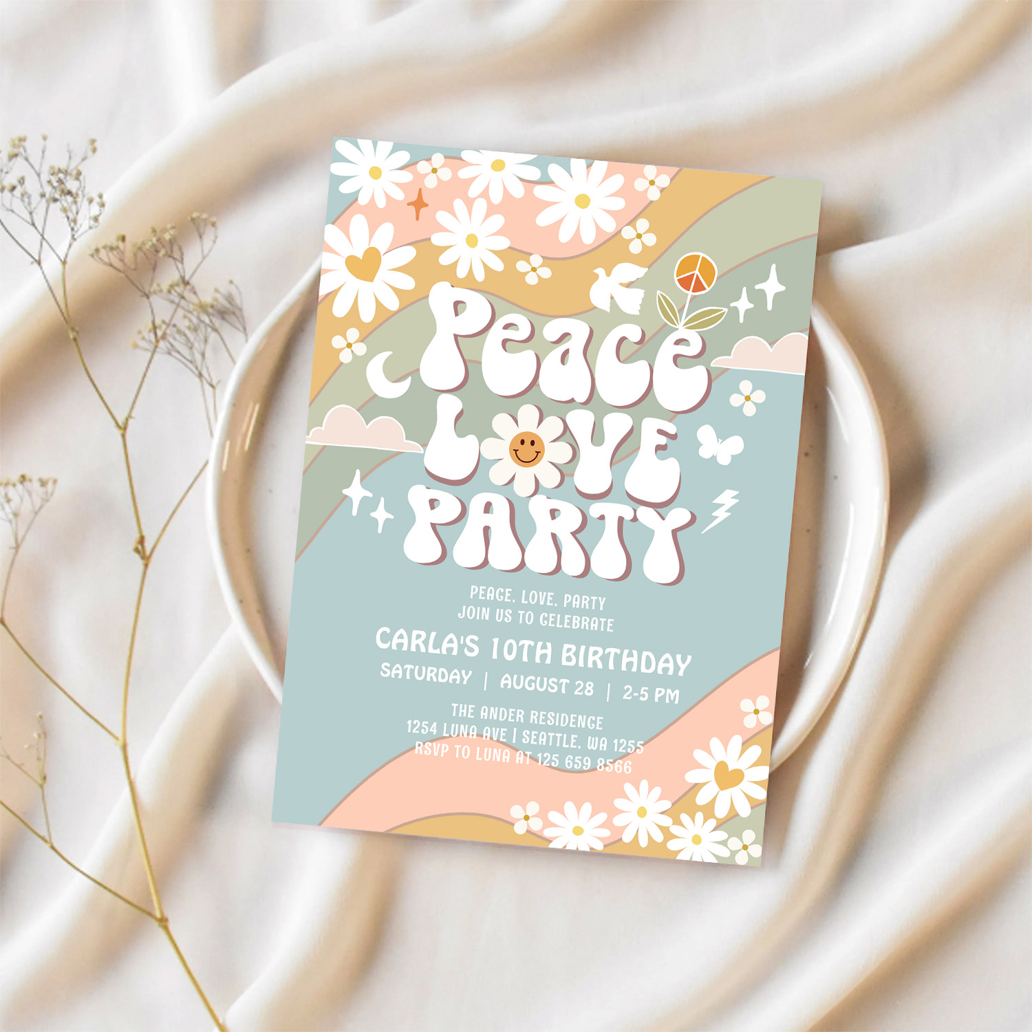 Peace Love Party Daisy Hippie 70S Birthday Invitation - Image 2