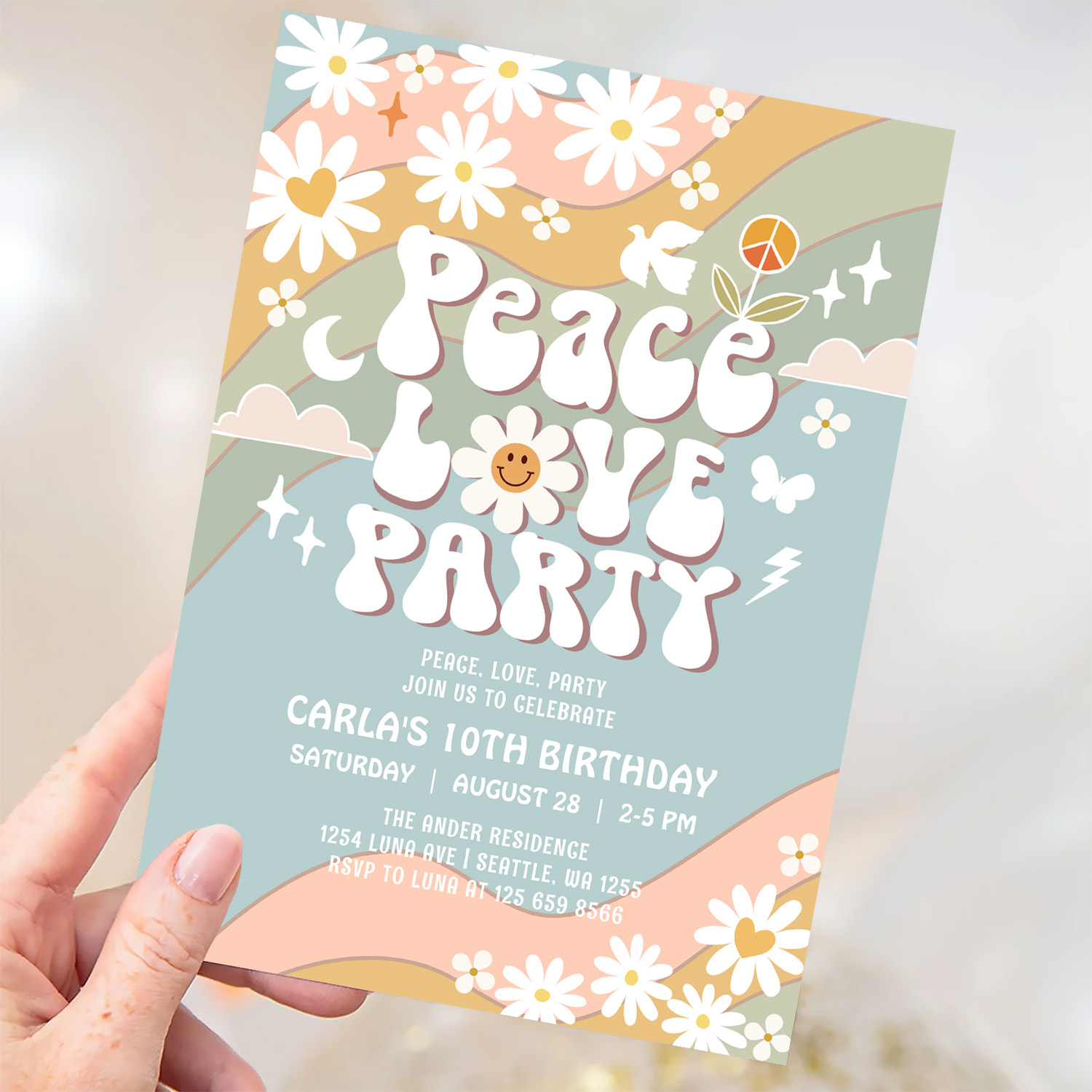 Peace Love Party Daisy Hippie 70S Birthday Invitation - Image 3