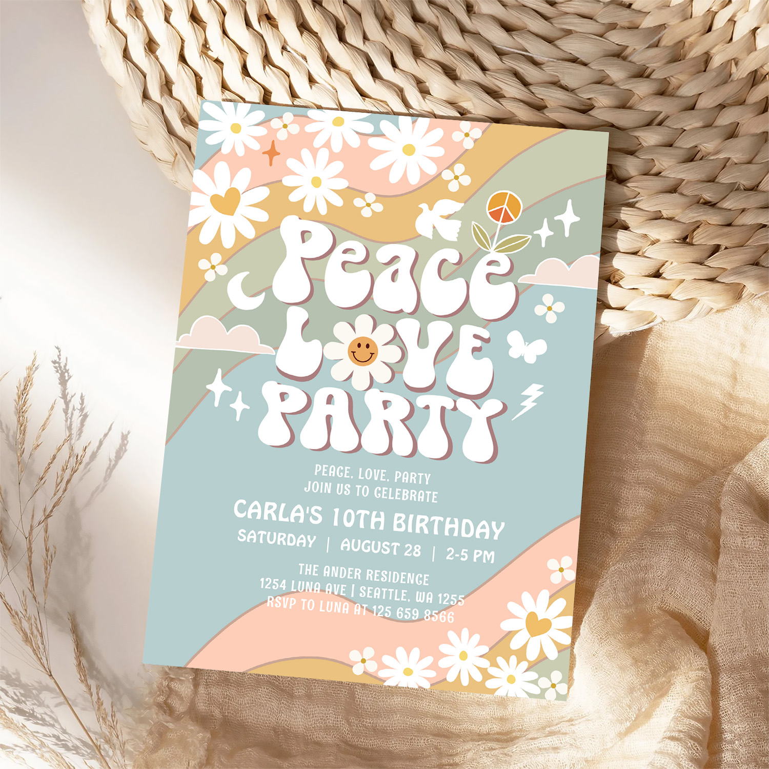 Peace Love Party Daisy Hippie 70S Birthday Invitation - Image 4