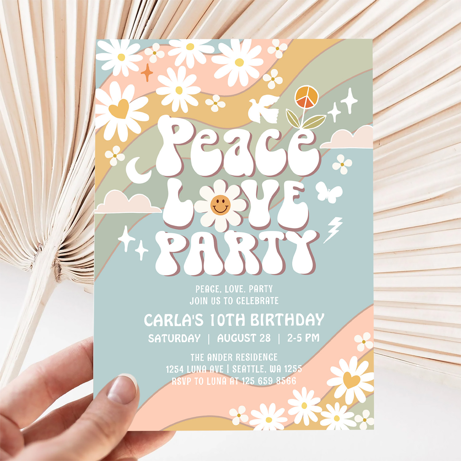 Peace Love Party Daisy Hippie 70S Birthday Invitation - Image 5
