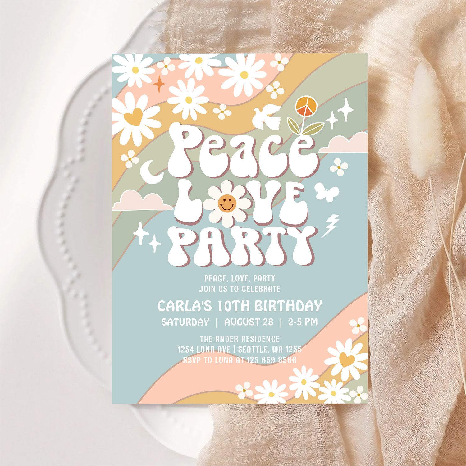 Peace Love Party Daisy Hippie 70S Birthday Invitation - Image 6