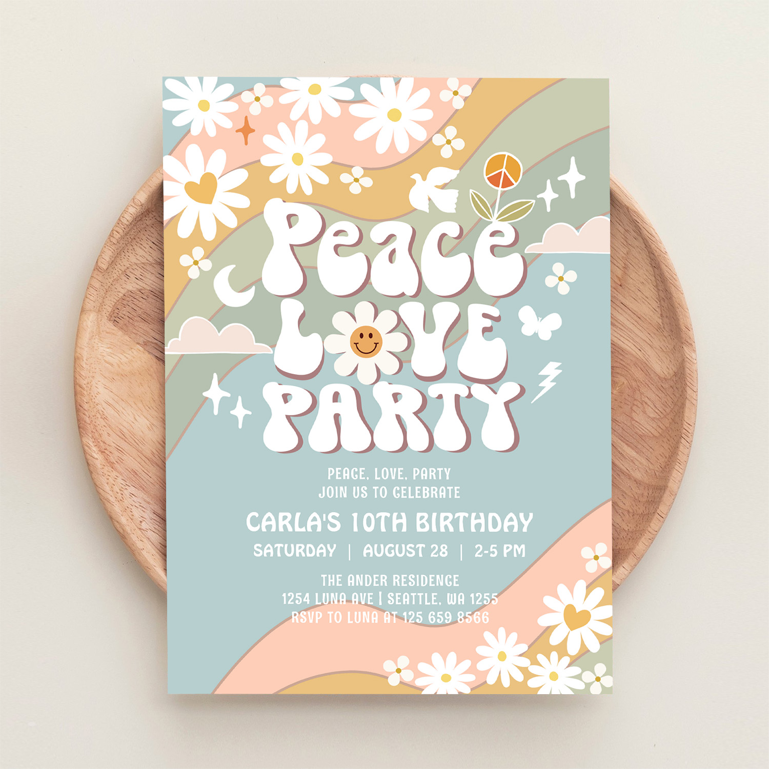 Peace Love Party Daisy Hippie 70S Birthday Invitation - Image 7