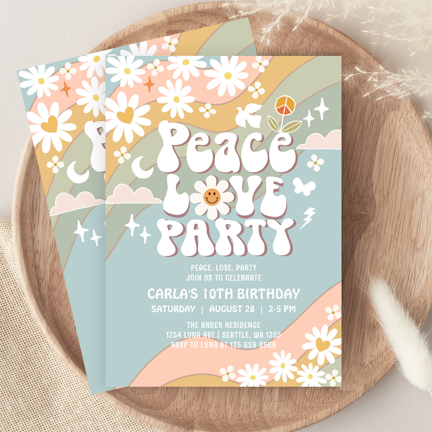 Peace Love Party Daisy Hippie 70S Birthday Invitation - Image 9