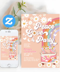 Peace Love Party Groovy Daisy Rainbow Birthday Invitation