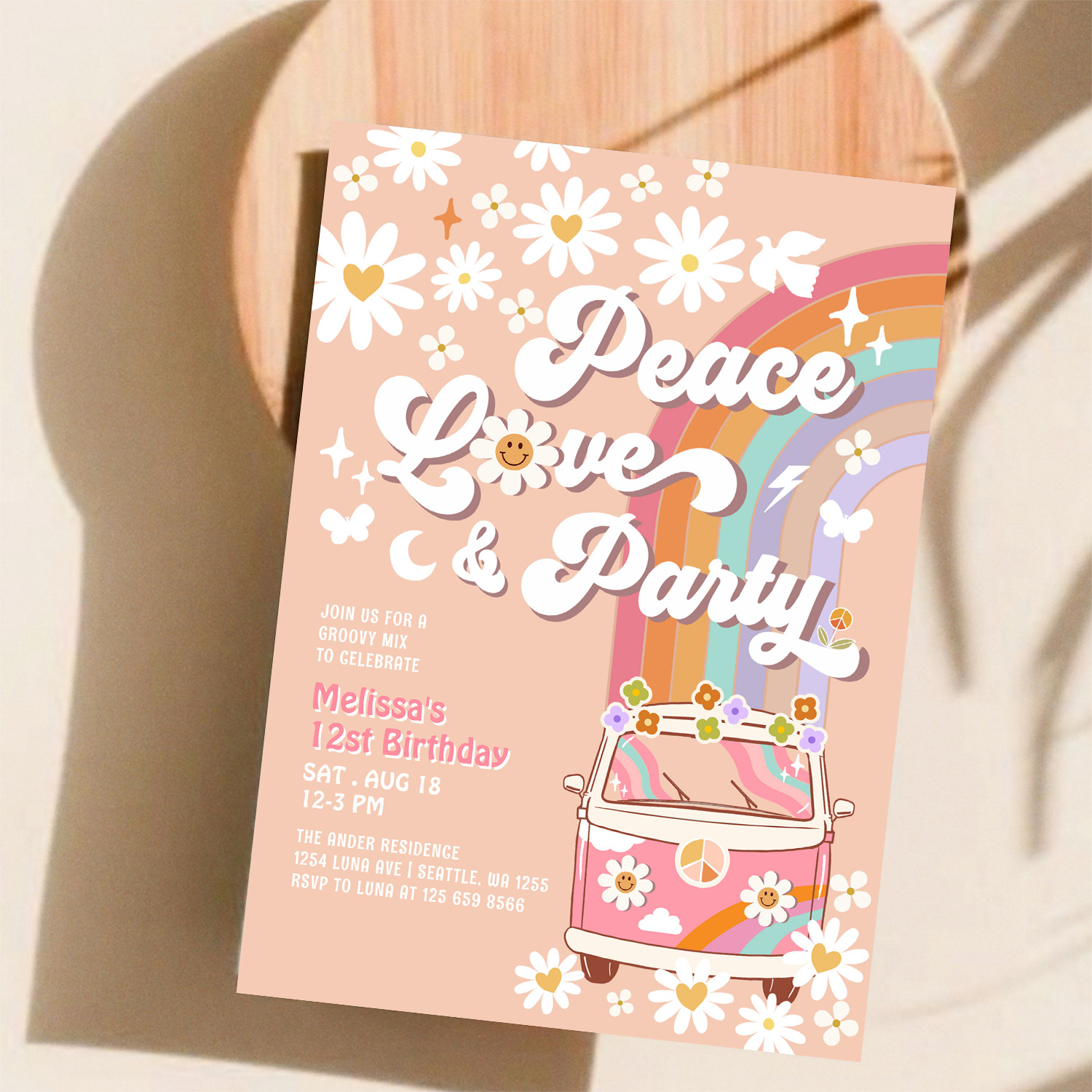 Peace Love Party Groovy Daisy Rainbow Birthday Invitation - Image 11