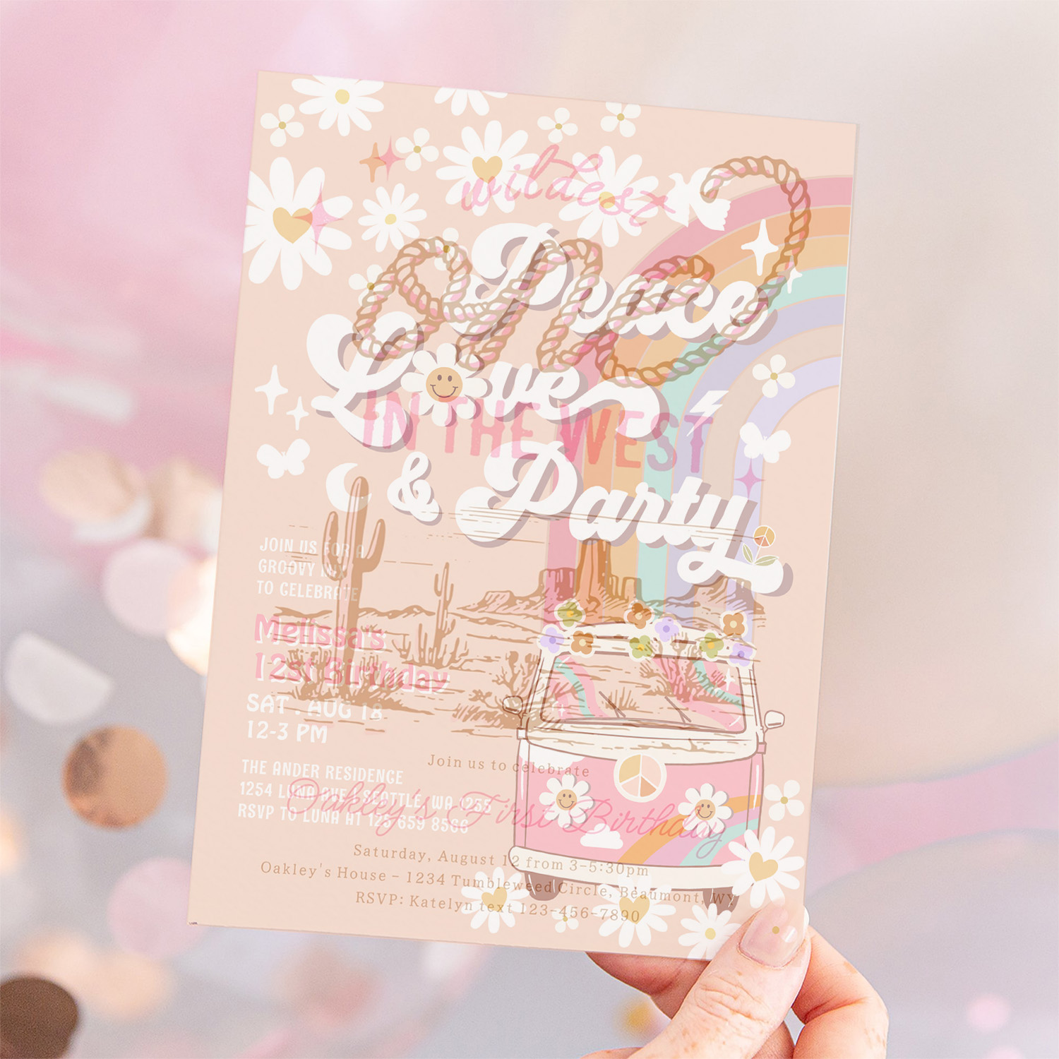 Peace Love Party Groovy Daisy Rainbow Birthday Invitation - Image 12