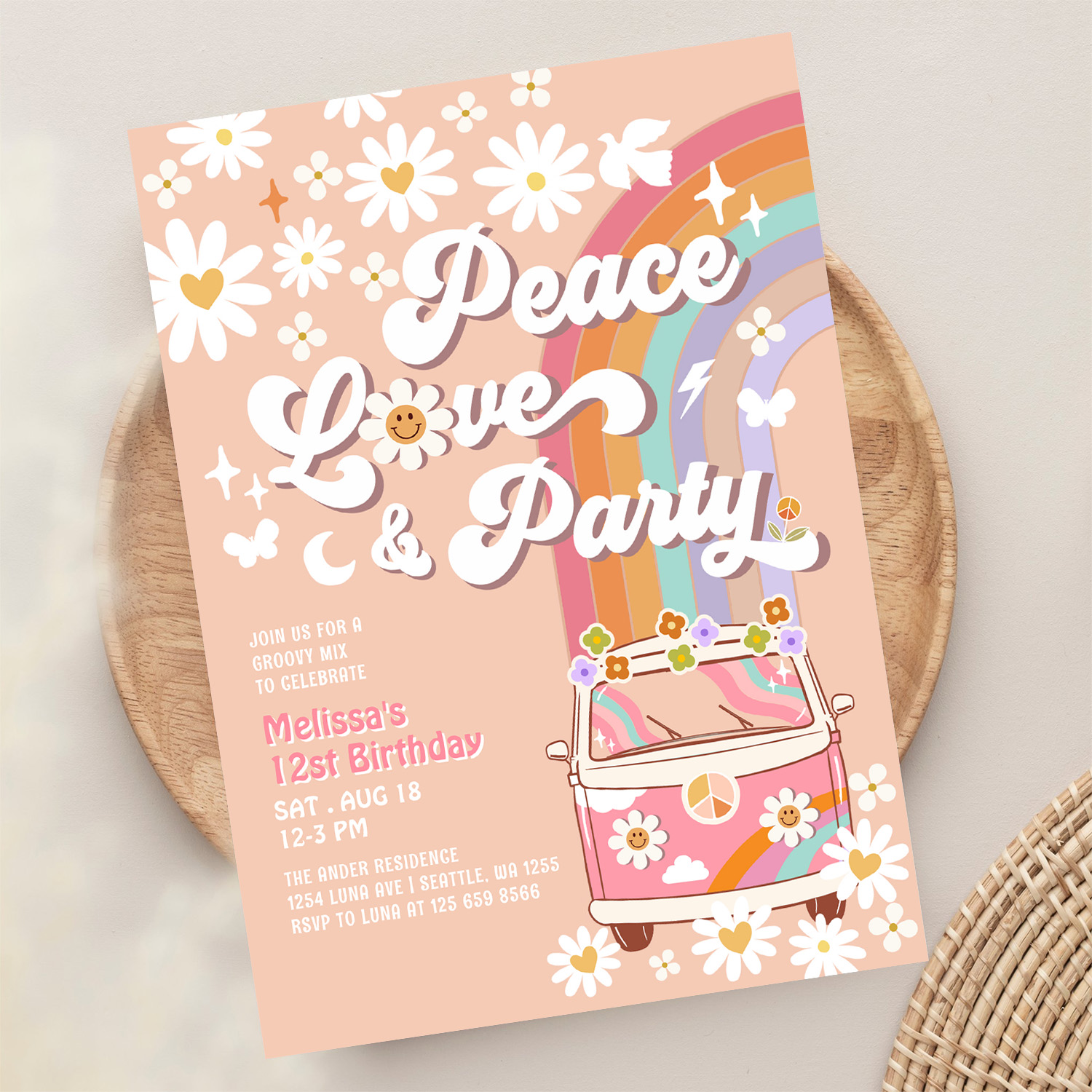 Peace Love Party Groovy Daisy Rainbow Birthday Invitation - Image 13
