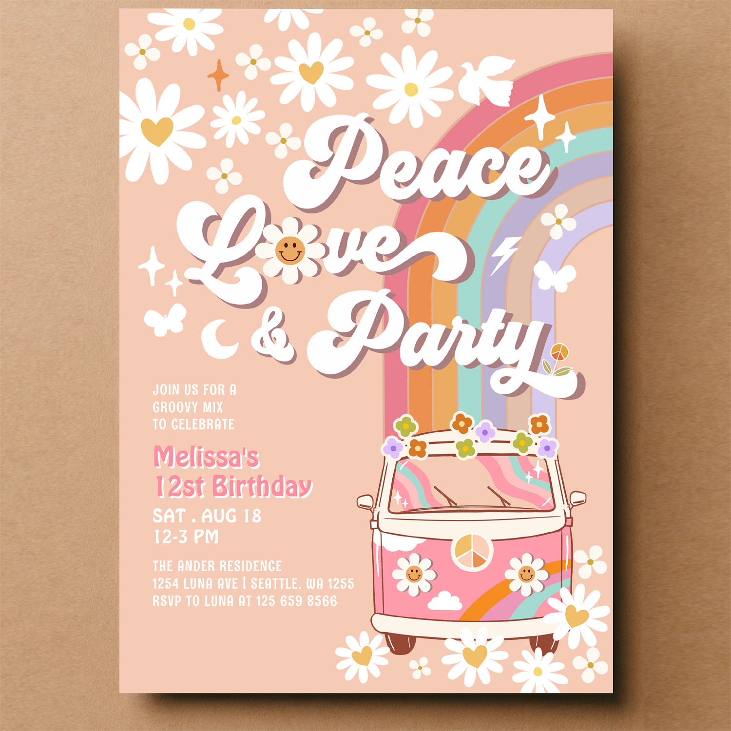 Peace Love Party Groovy Daisy Rainbow Birthday Invitation - Image 14