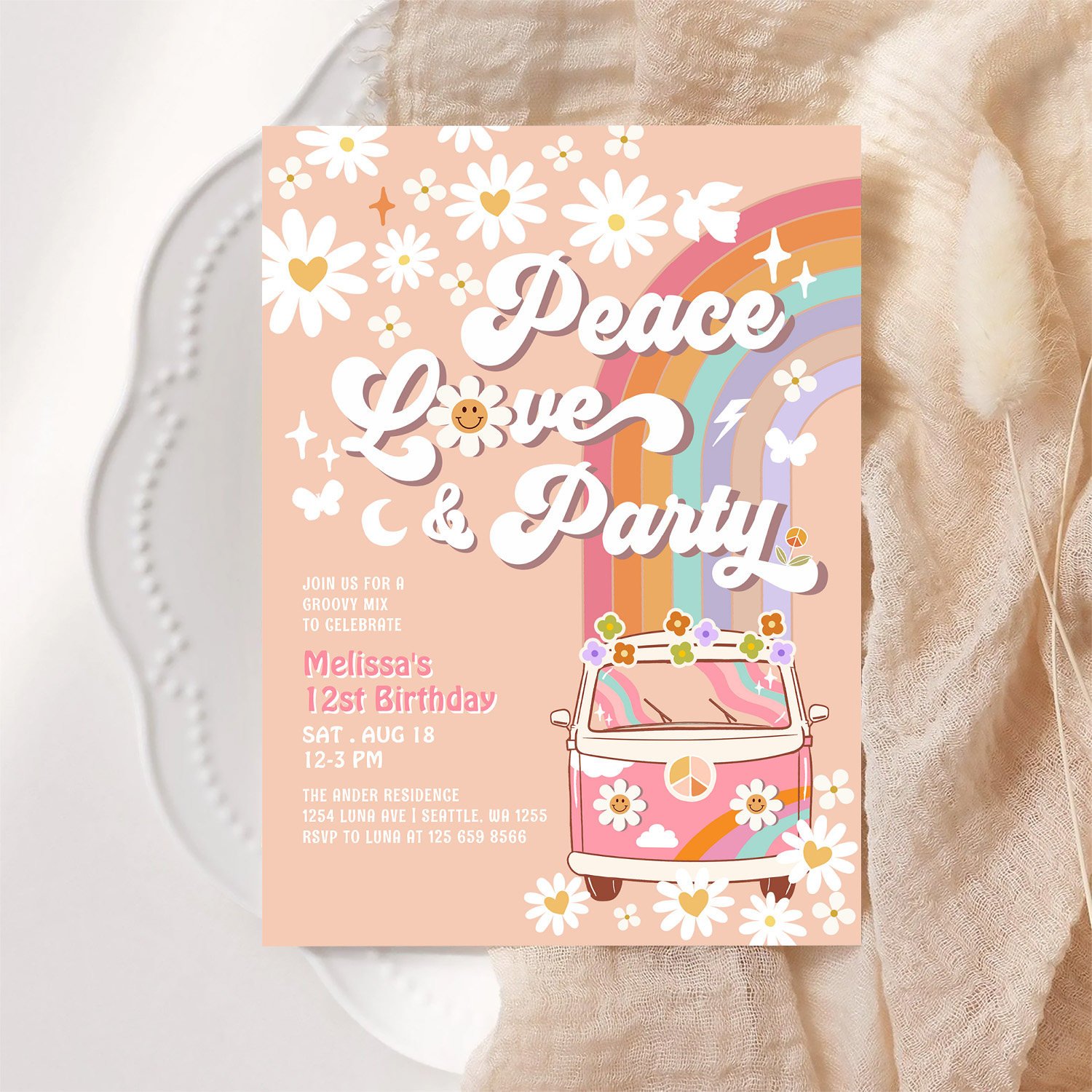 Peace Love Party Groovy Daisy Rainbow Birthday Invitation - Image 6