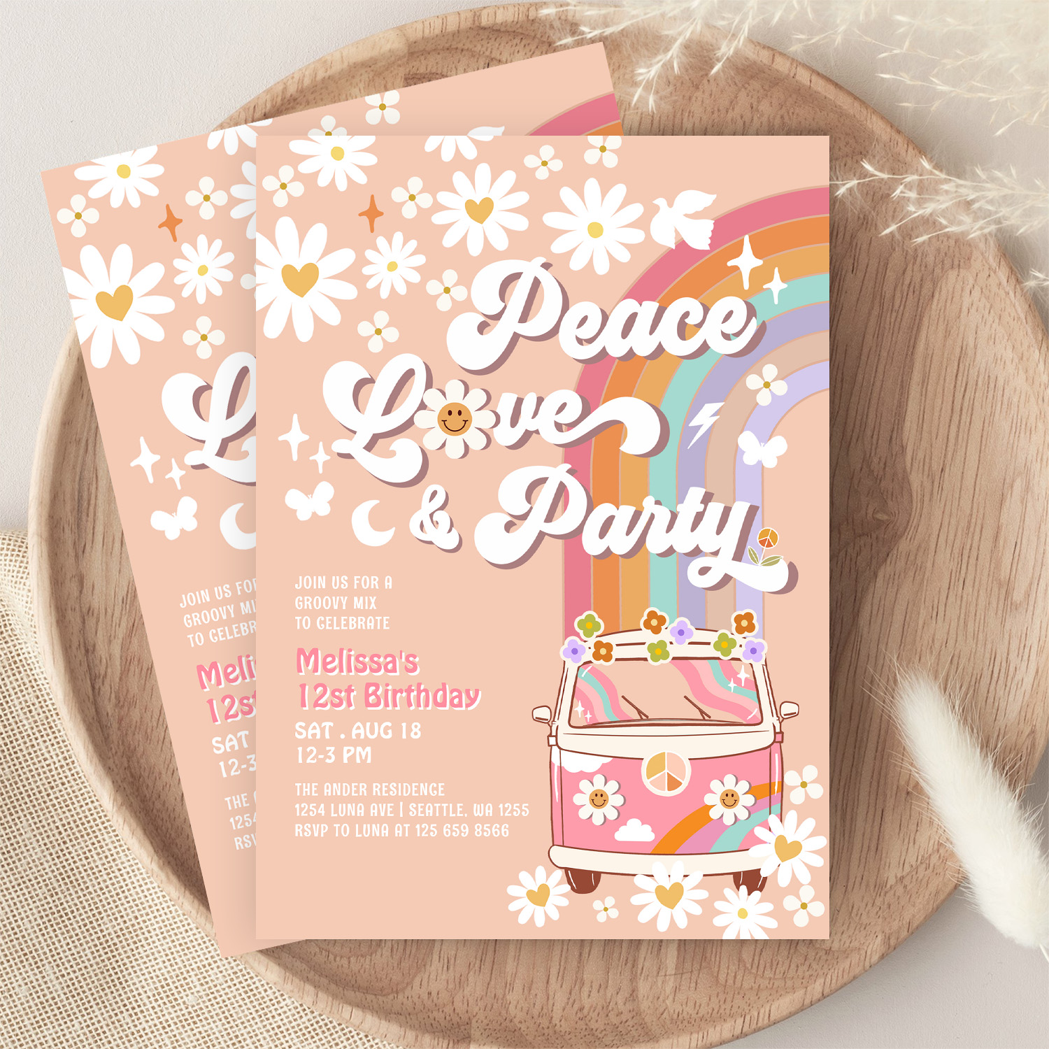 Peace Love Party Groovy Daisy Rainbow Birthday Invitation - Image 9