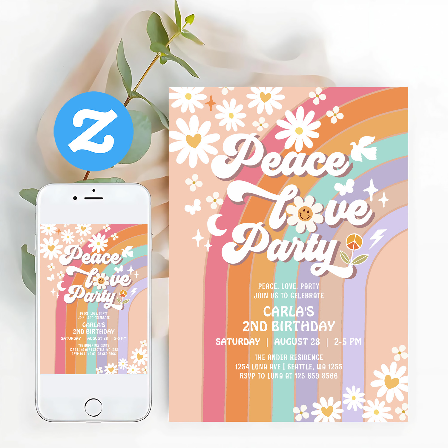 Peace Love Party Groovy Invite Hippie Birthday