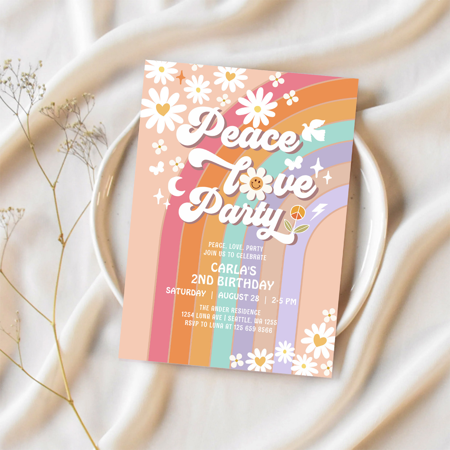 Peace Love Party Groovy Invite Hippie Birthday - Image 2