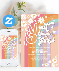 Peace Out Single Digits 10th Groovy Birthday Invit Invitation