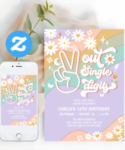 Peace Out Single Digits Groovy 10th Birthday Invitation