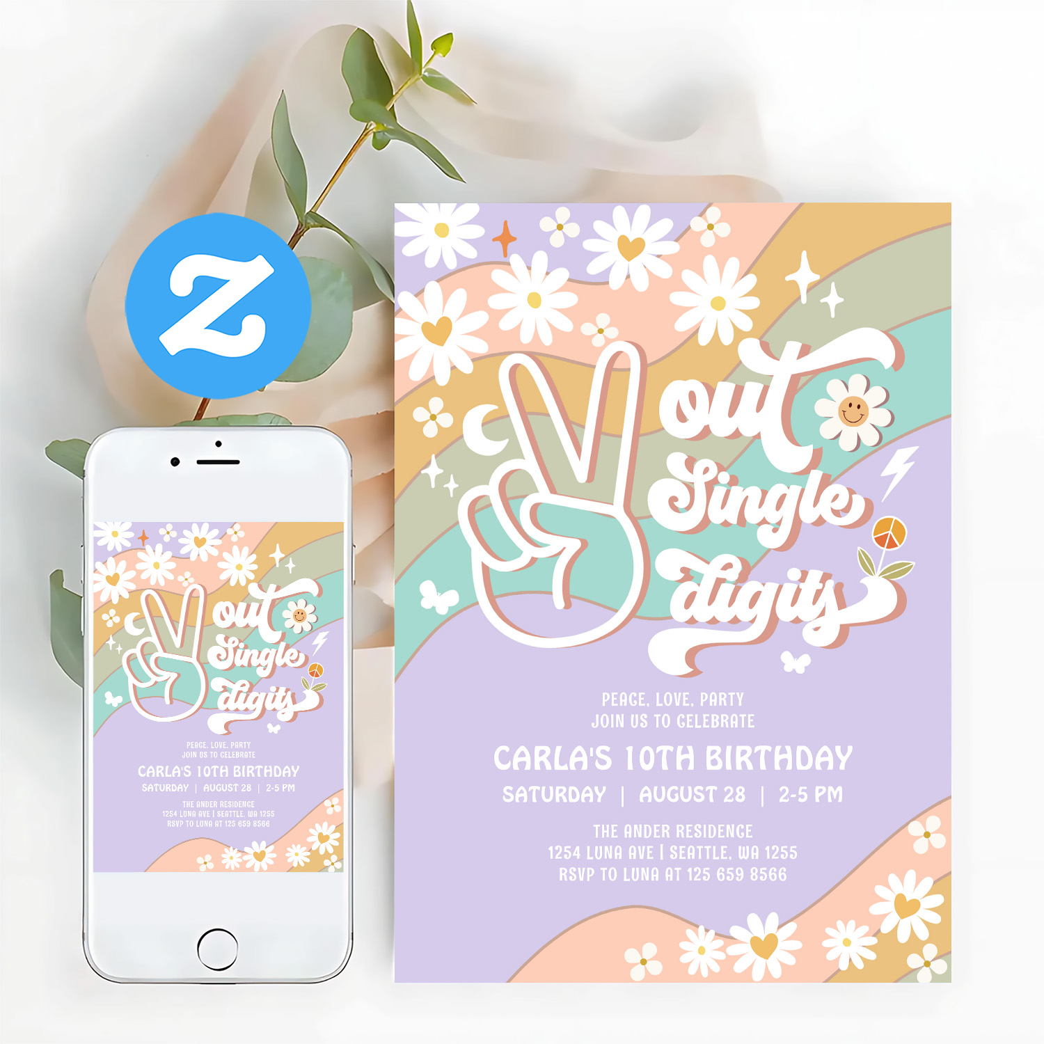 Peace Out Single Digits Groovy 10th Birthday Invitation