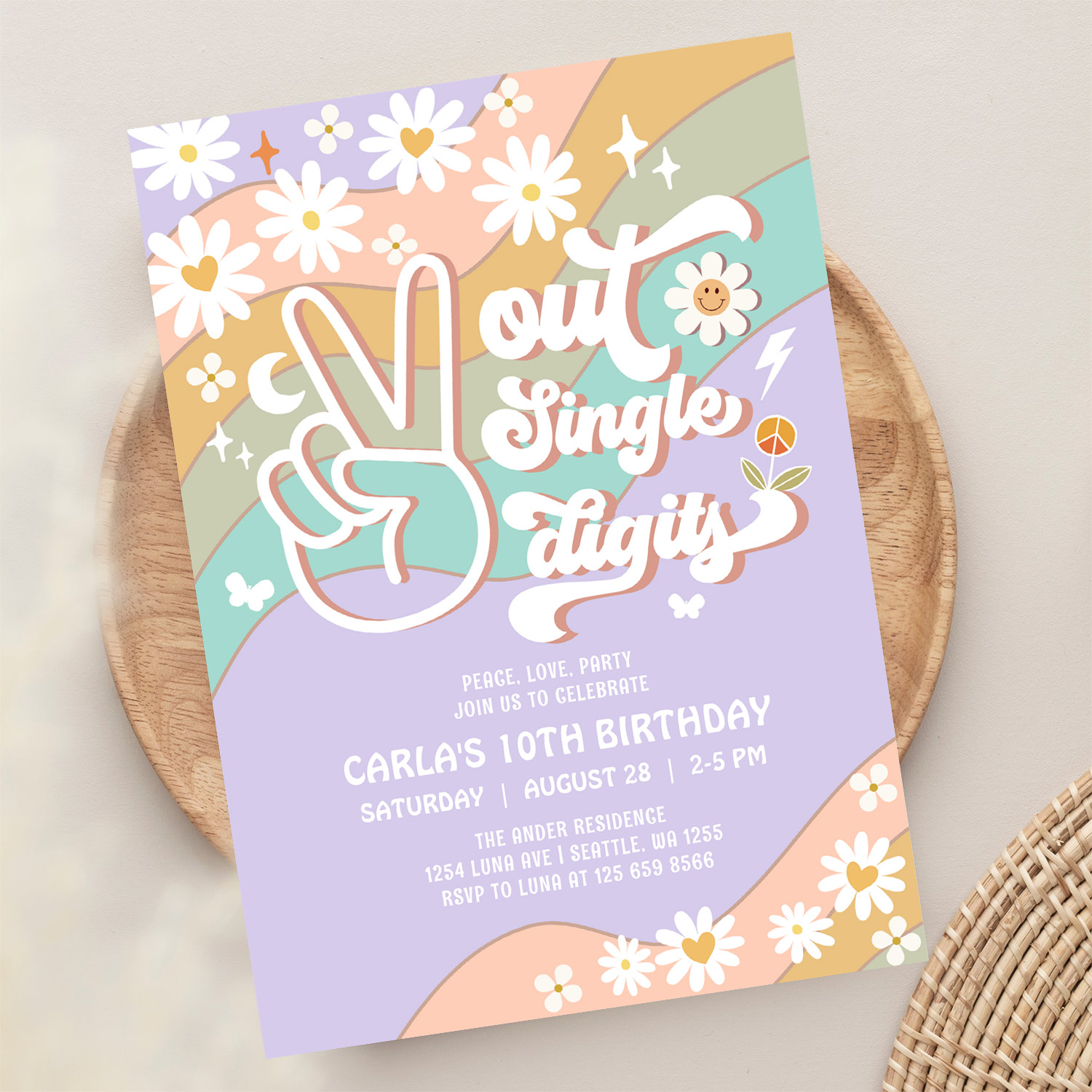 Peace Out Single Digits Groovy 10th Birthday Invitation - Image 13
