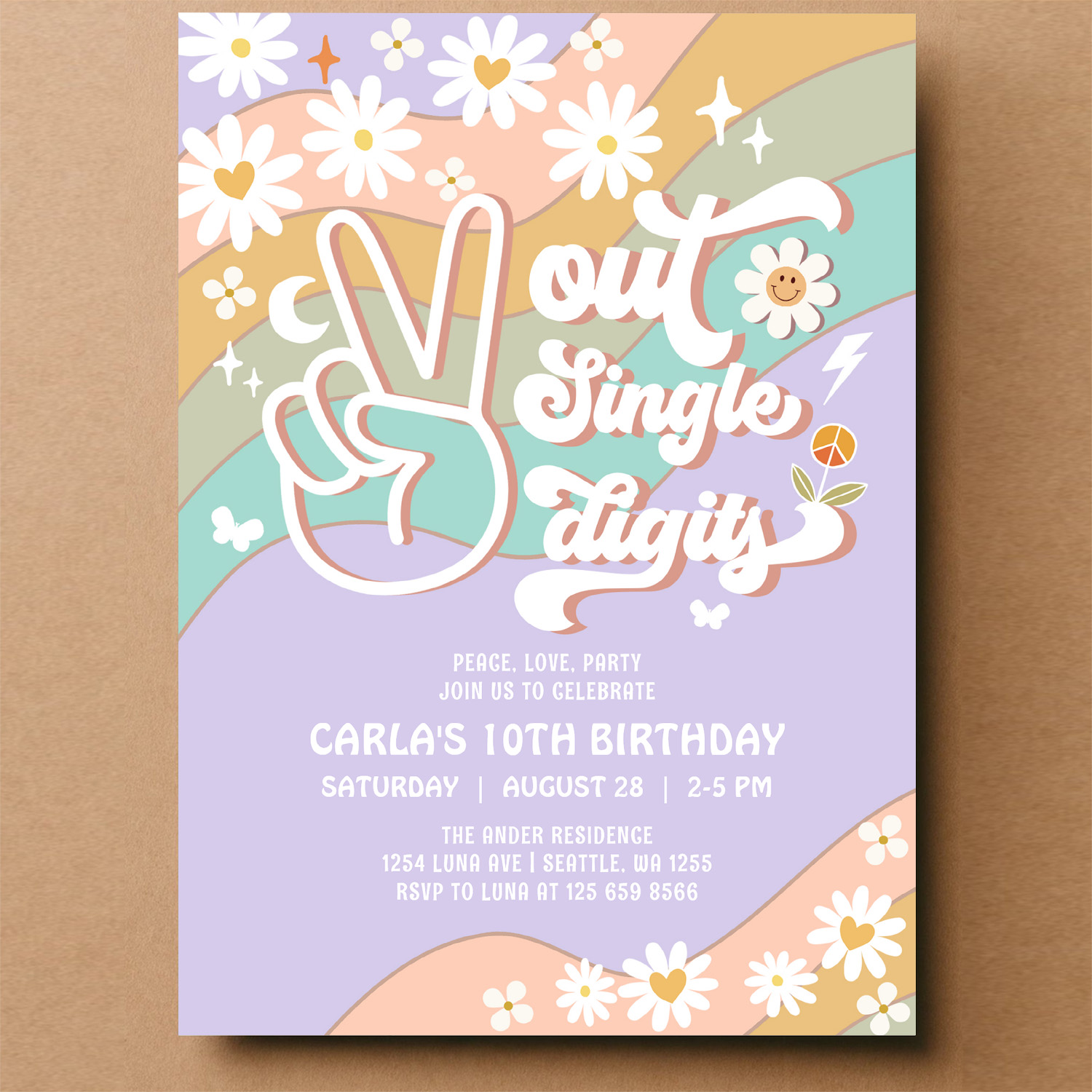 Peace Out Single Digits Groovy 10th Birthday Invitation - Image 14