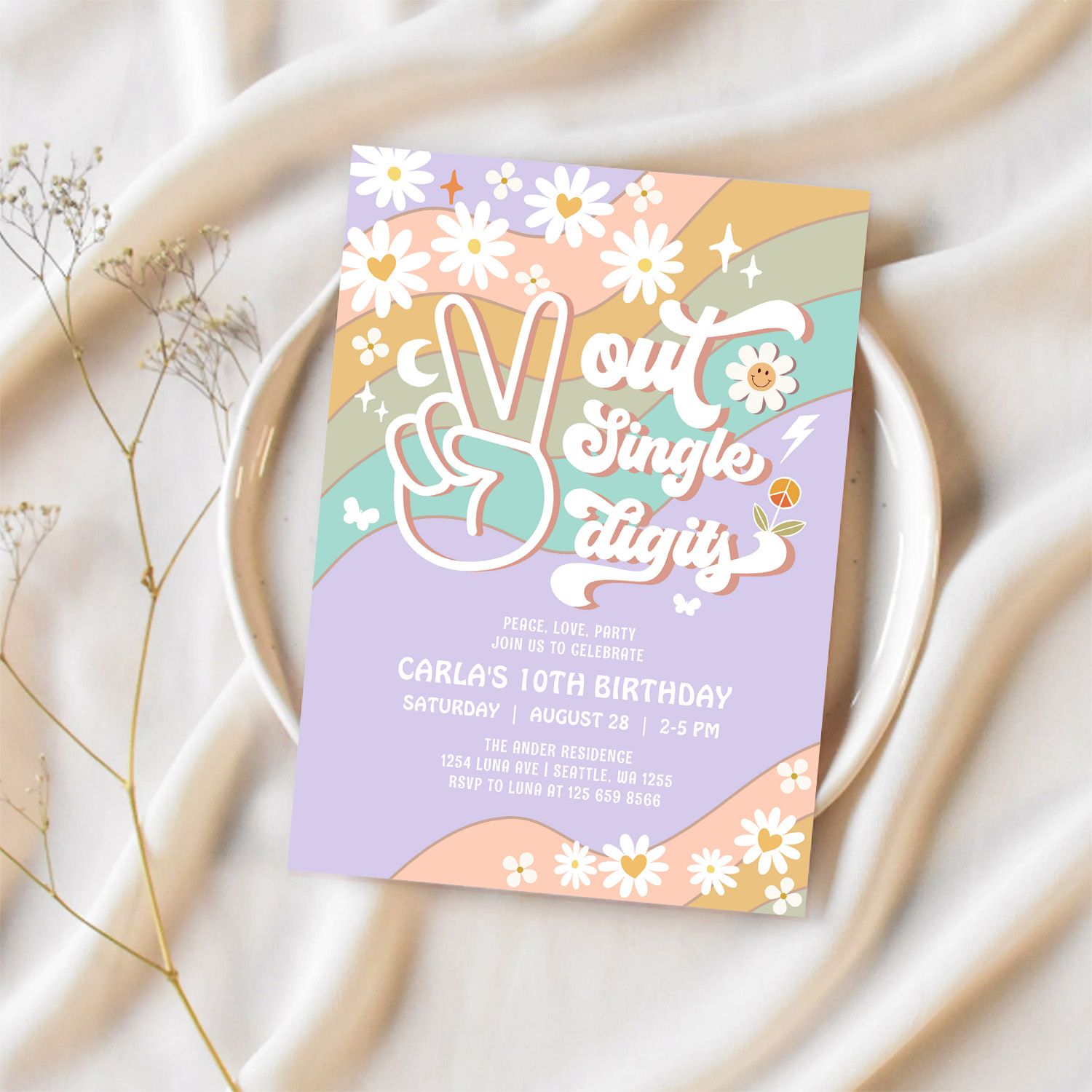 Peace Out Single Digits Groovy 10th Birthday Invitation - Image 2