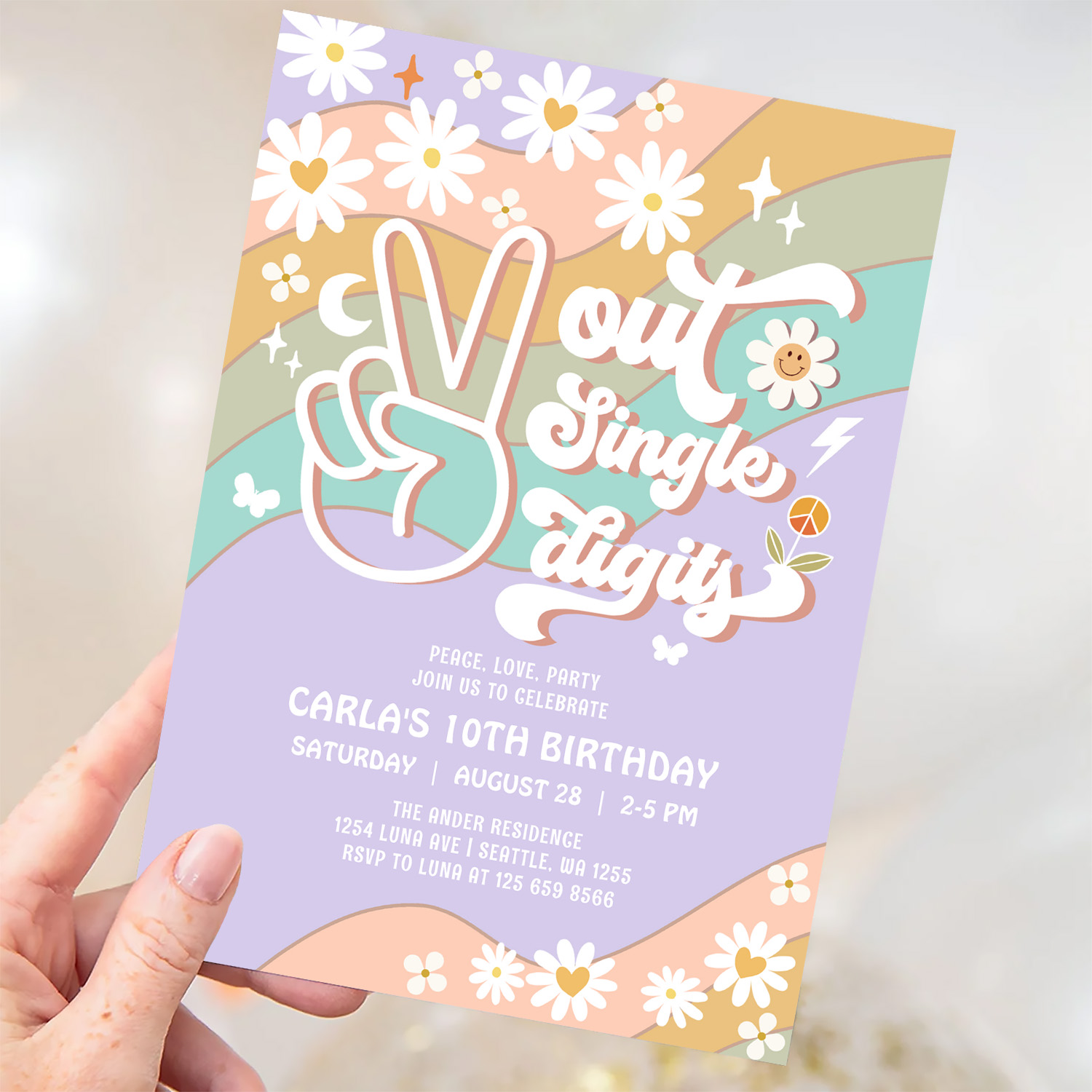 Peace Out Single Digits Groovy 10th Birthday Invitation - Image 3