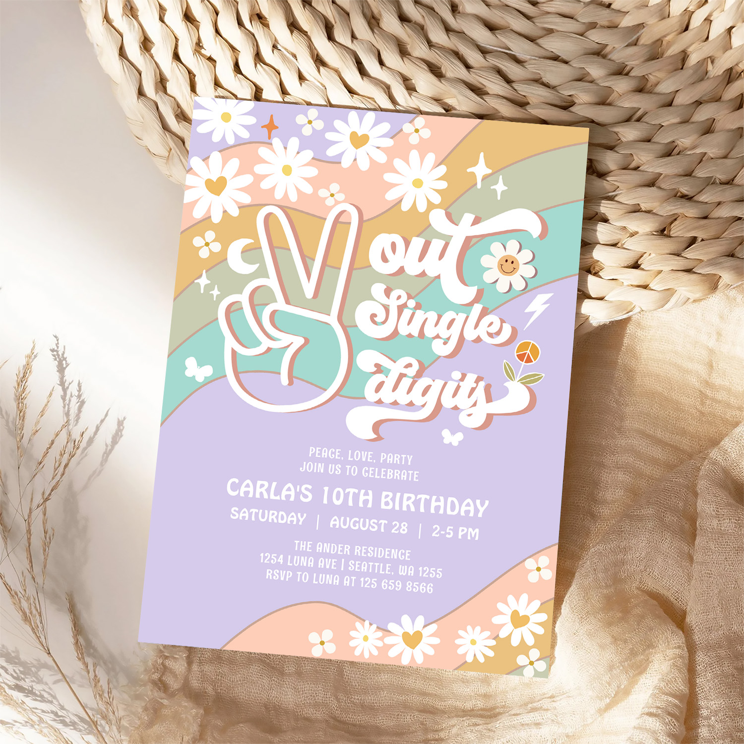 Peace Out Single Digits Groovy 10th Birthday Invitation - Image 4