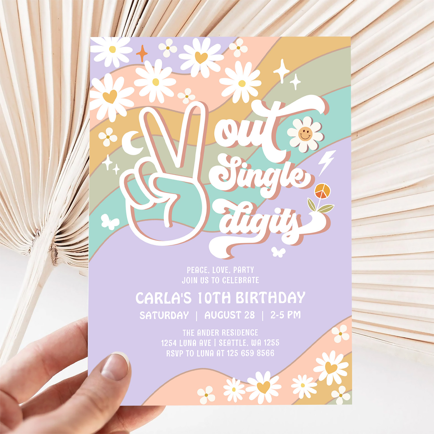 Peace Out Single Digits Groovy 10th Birthday Invitation - Image 5