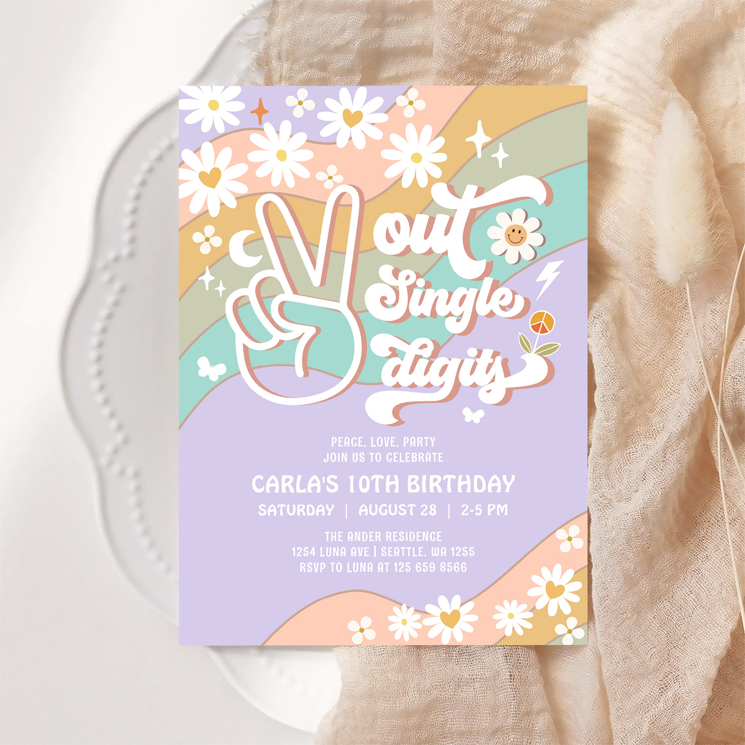 Peace Out Single Digits Groovy 10th Birthday Invitation - Image 6