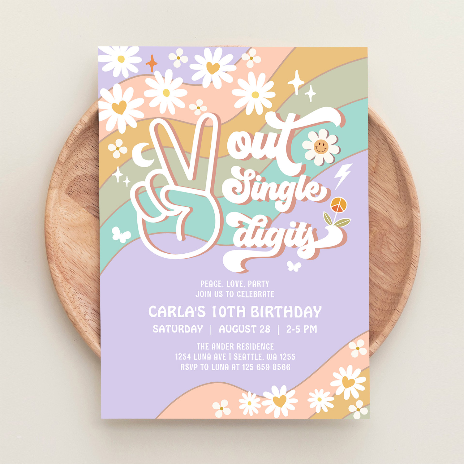 Peace Out Single Digits Groovy 10th Birthday Invitation - Image 7