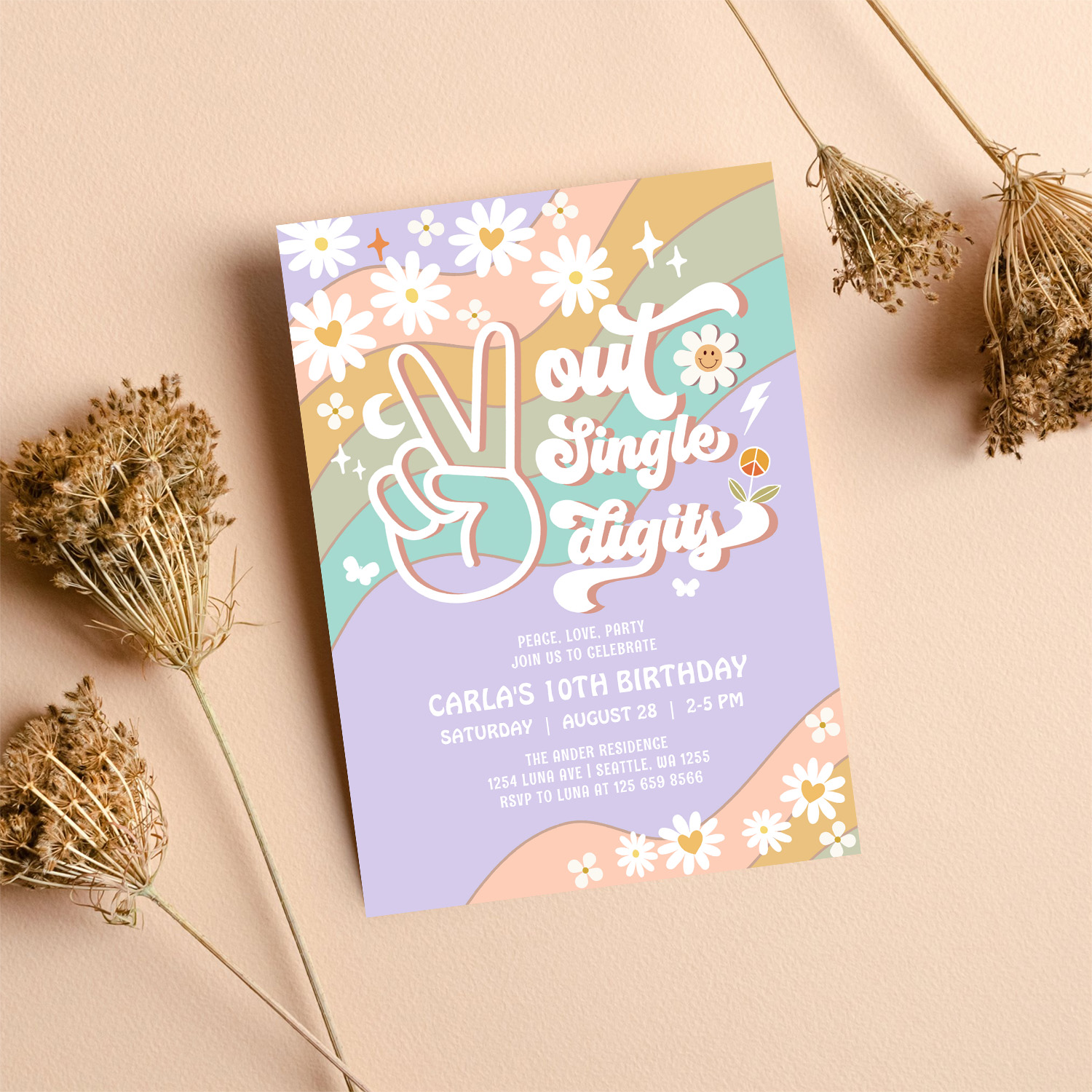 Peace Out Single Digits Groovy 10th Birthday Invitation - Image 8