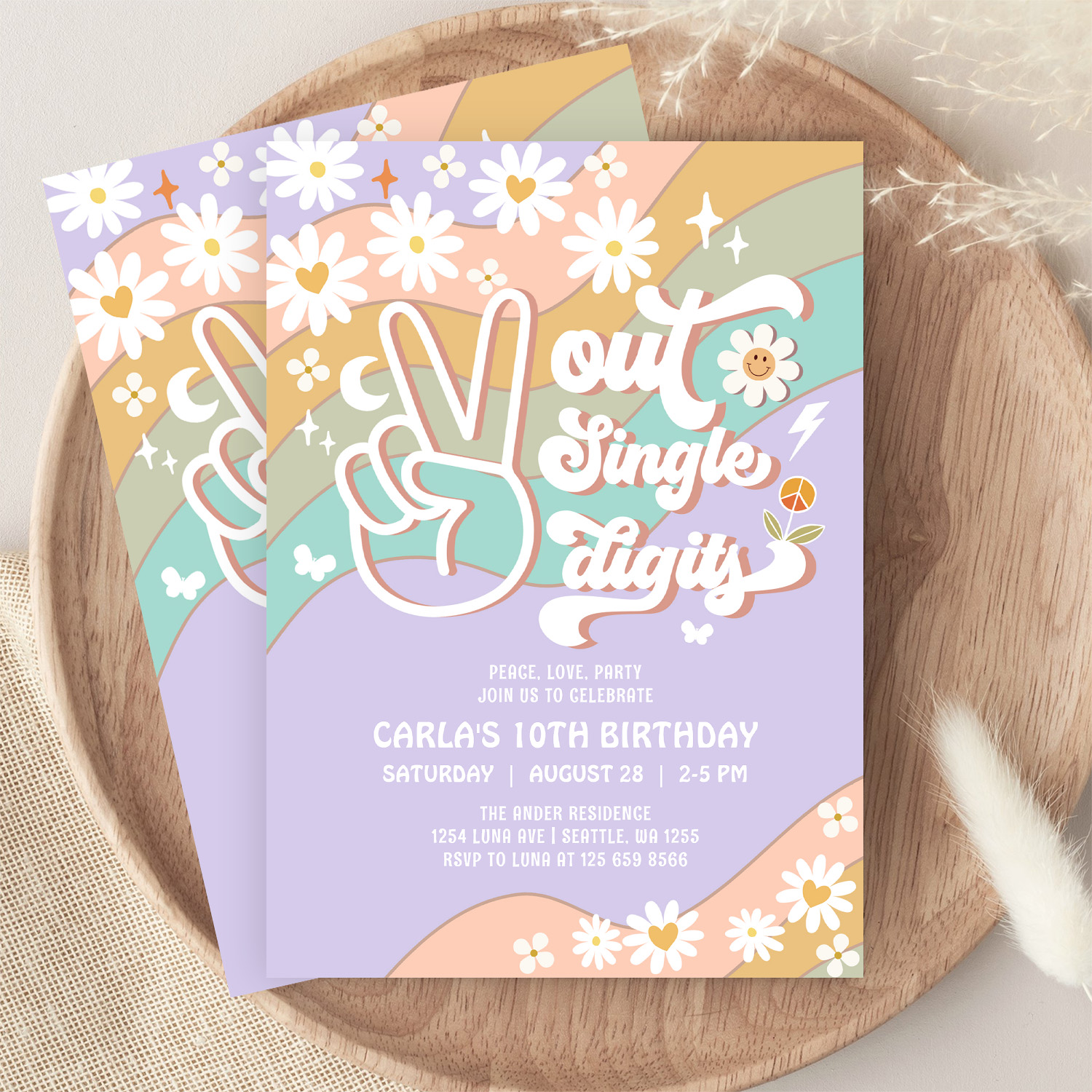 Peace Out Single Digits Groovy 10th Birthday Invitation - Image 9