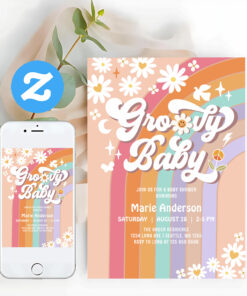 Pink Daisy Rainbow Hippie 70S Retro Baby Shower Invitation