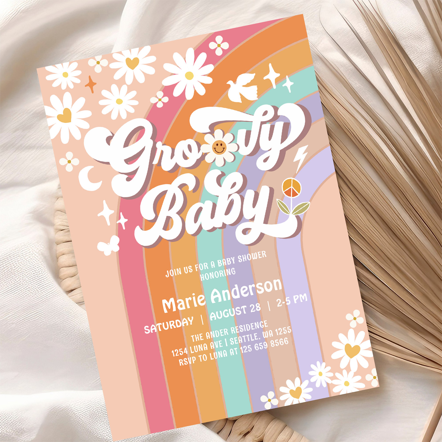 Pink Daisy Rainbow Hippie 70S Retro Baby Shower Invitation - Image 10