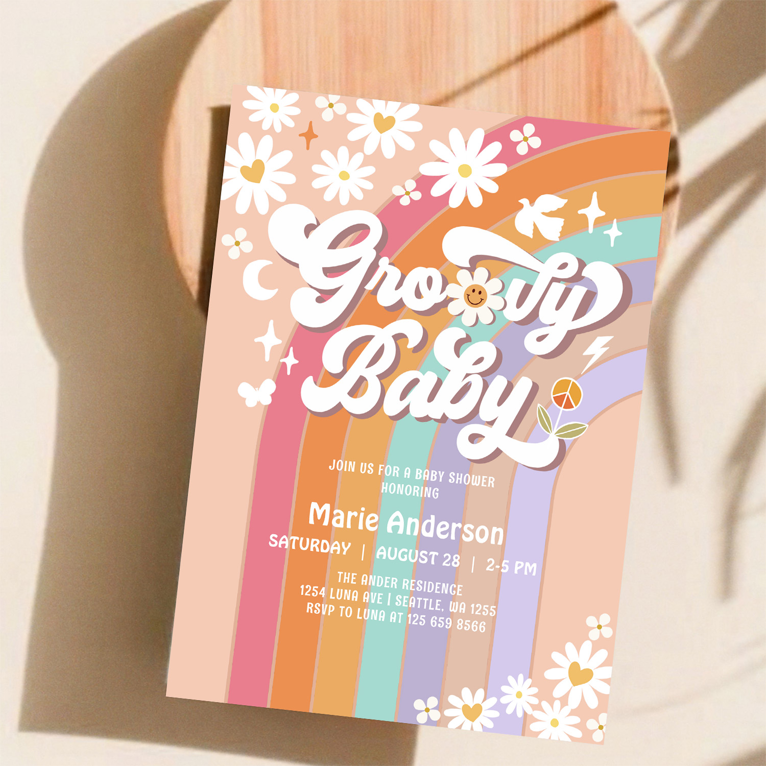 Pink Daisy Rainbow Hippie 70S Retro Baby Shower Invitation - Image 11