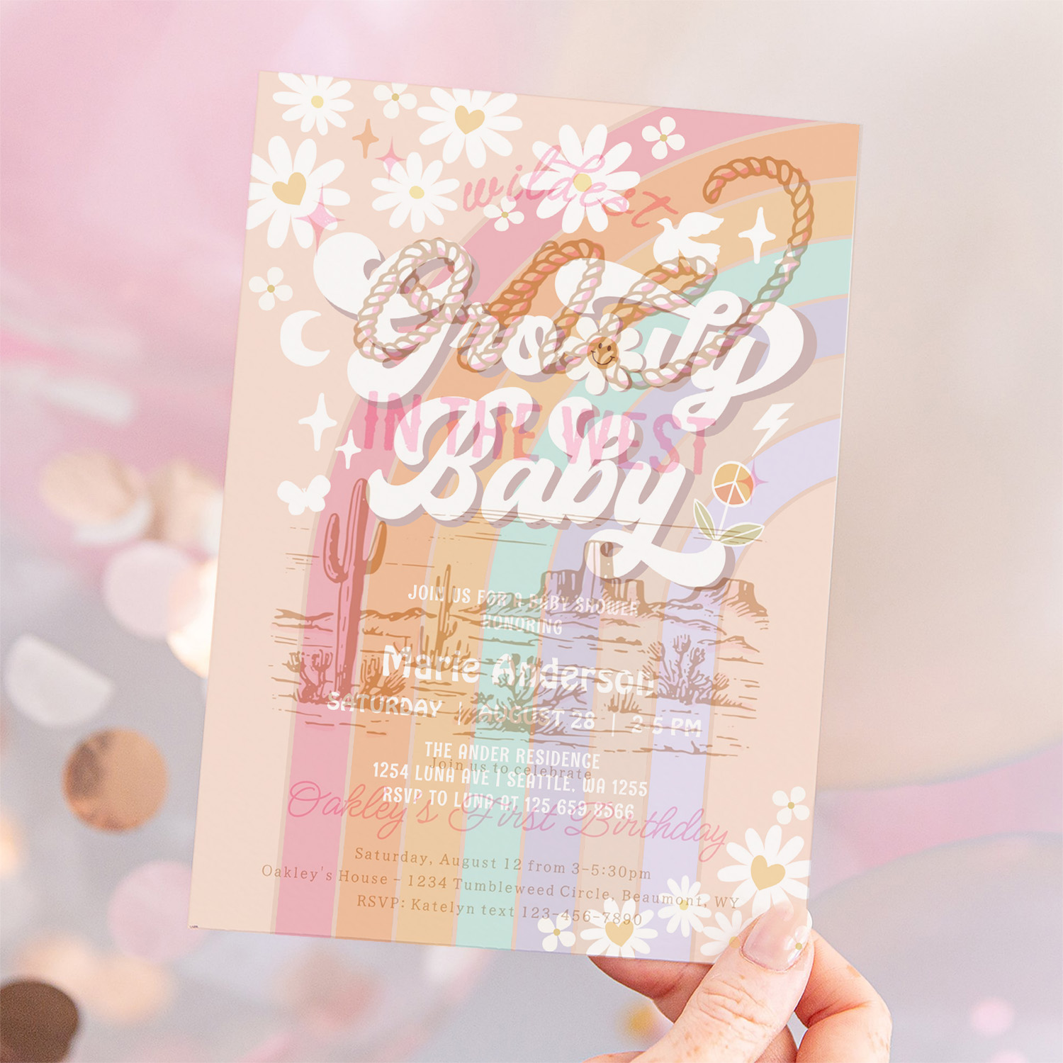 Pink Daisy Rainbow Hippie 70S Retro Baby Shower Invitation - Image 12