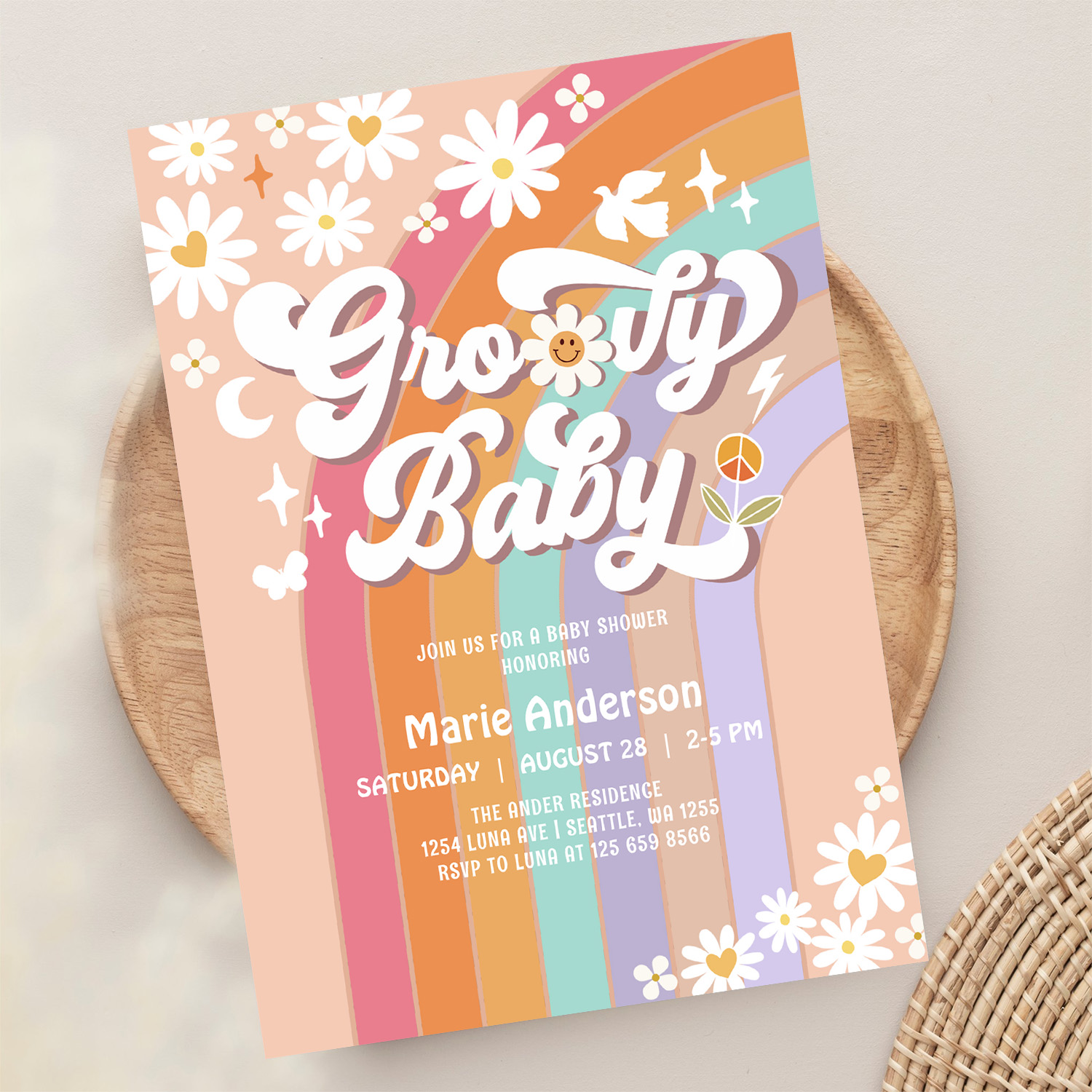 Pink Daisy Rainbow Hippie 70S Retro Baby Shower Invitation - Image 13