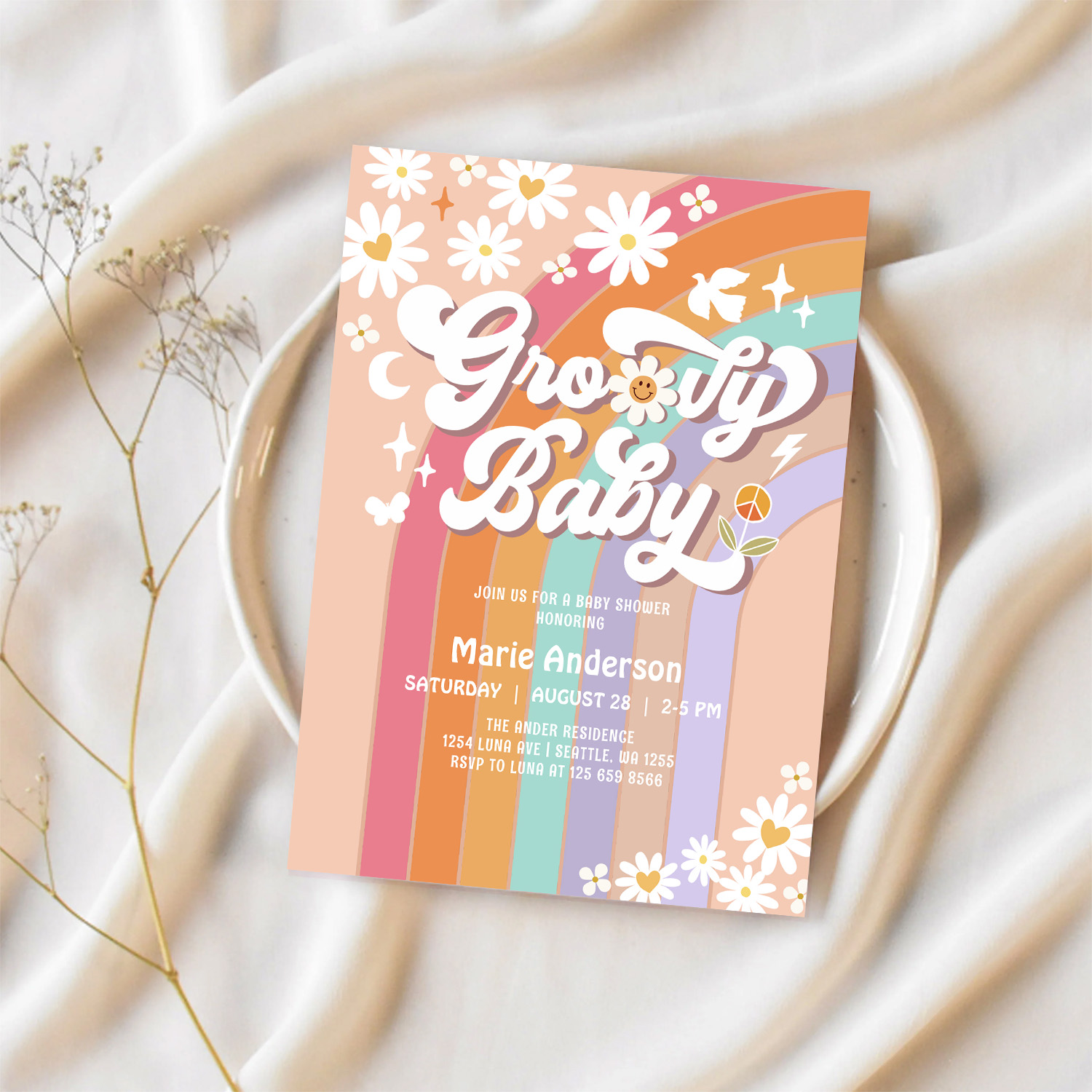 Pink Daisy Rainbow Hippie 70S Retro Baby Shower Invitation - Image 2