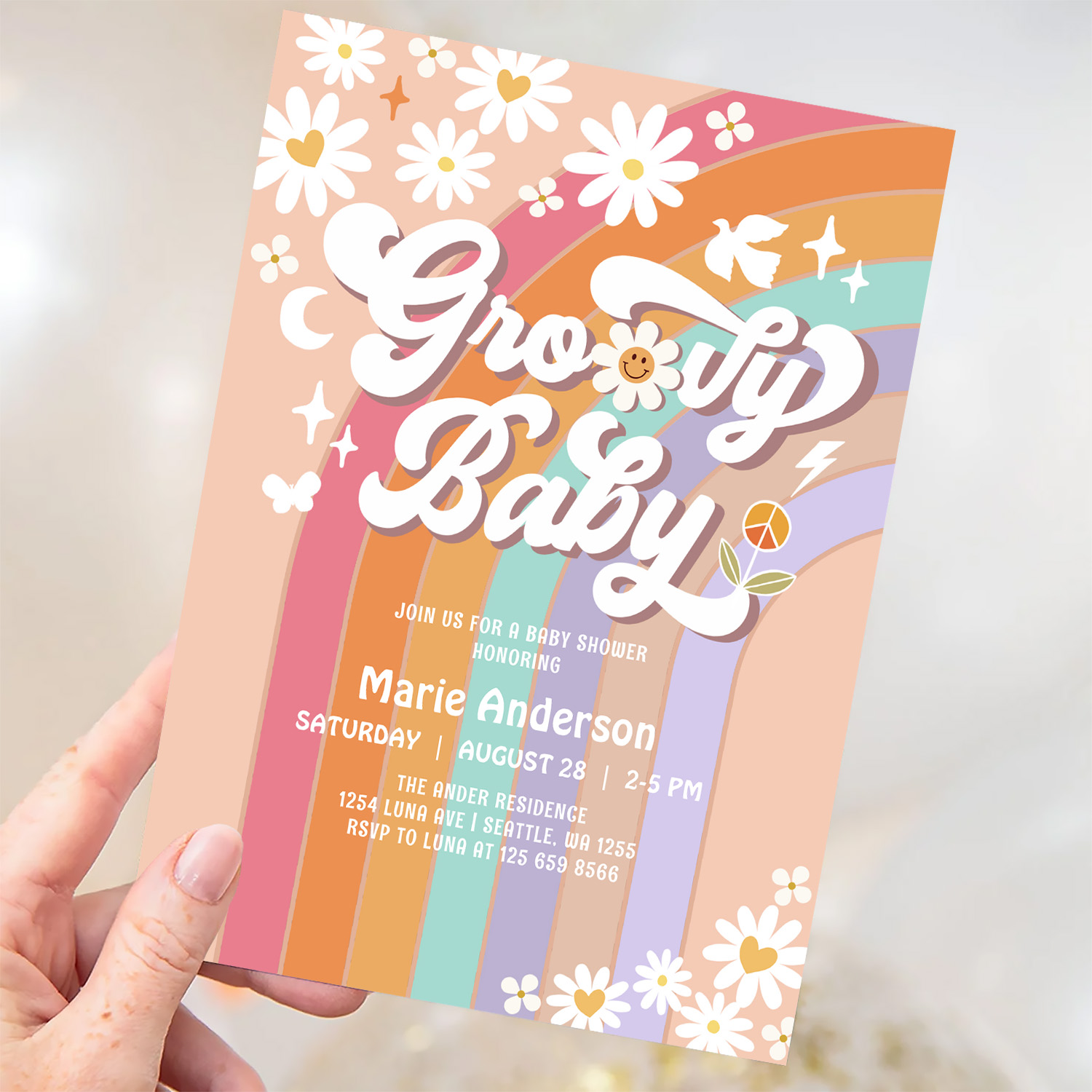 Pink Daisy Rainbow Hippie 70S Retro Baby Shower Invitation - Image 3