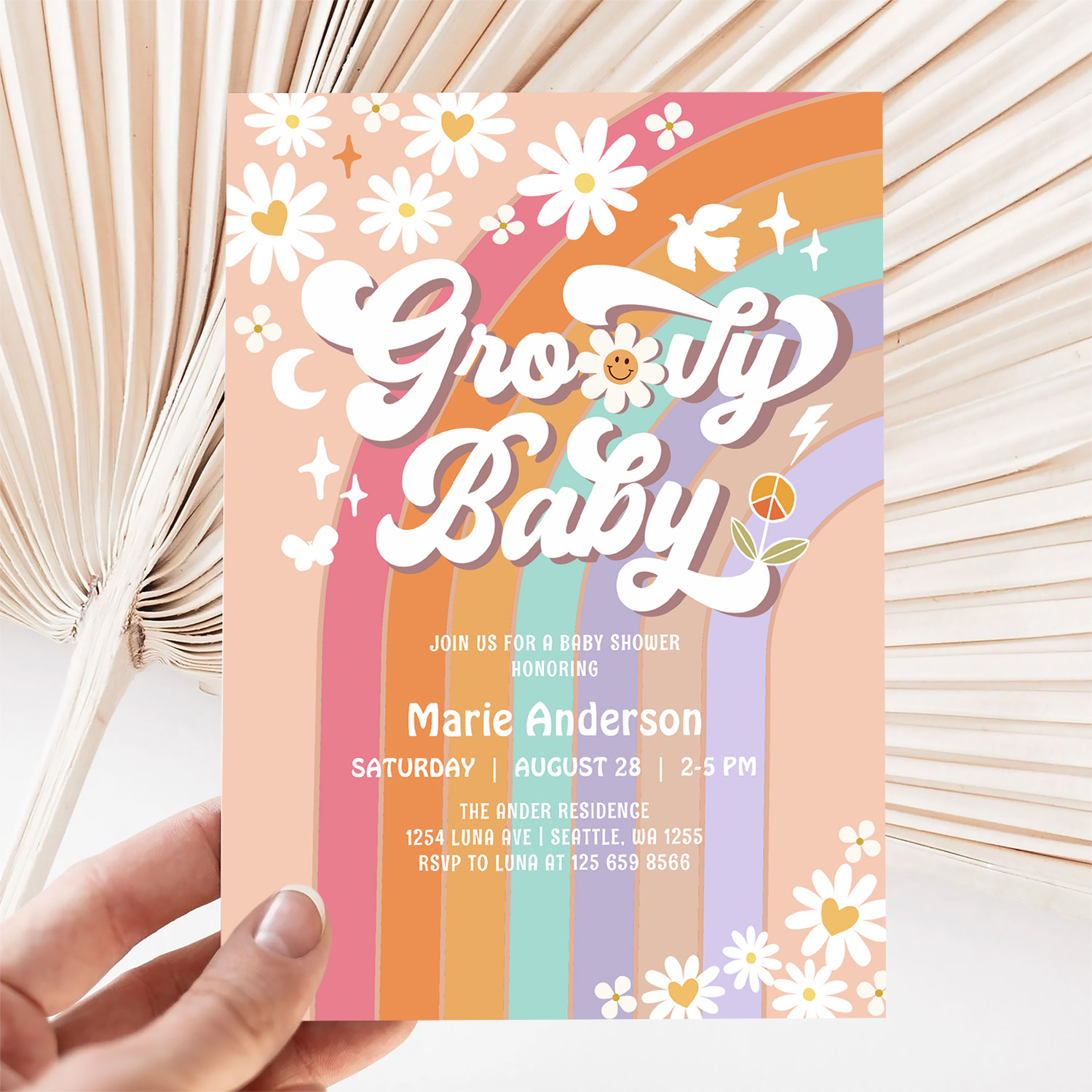 Pink Daisy Rainbow Hippie 70S Retro Baby Shower Invitation - Image 5
