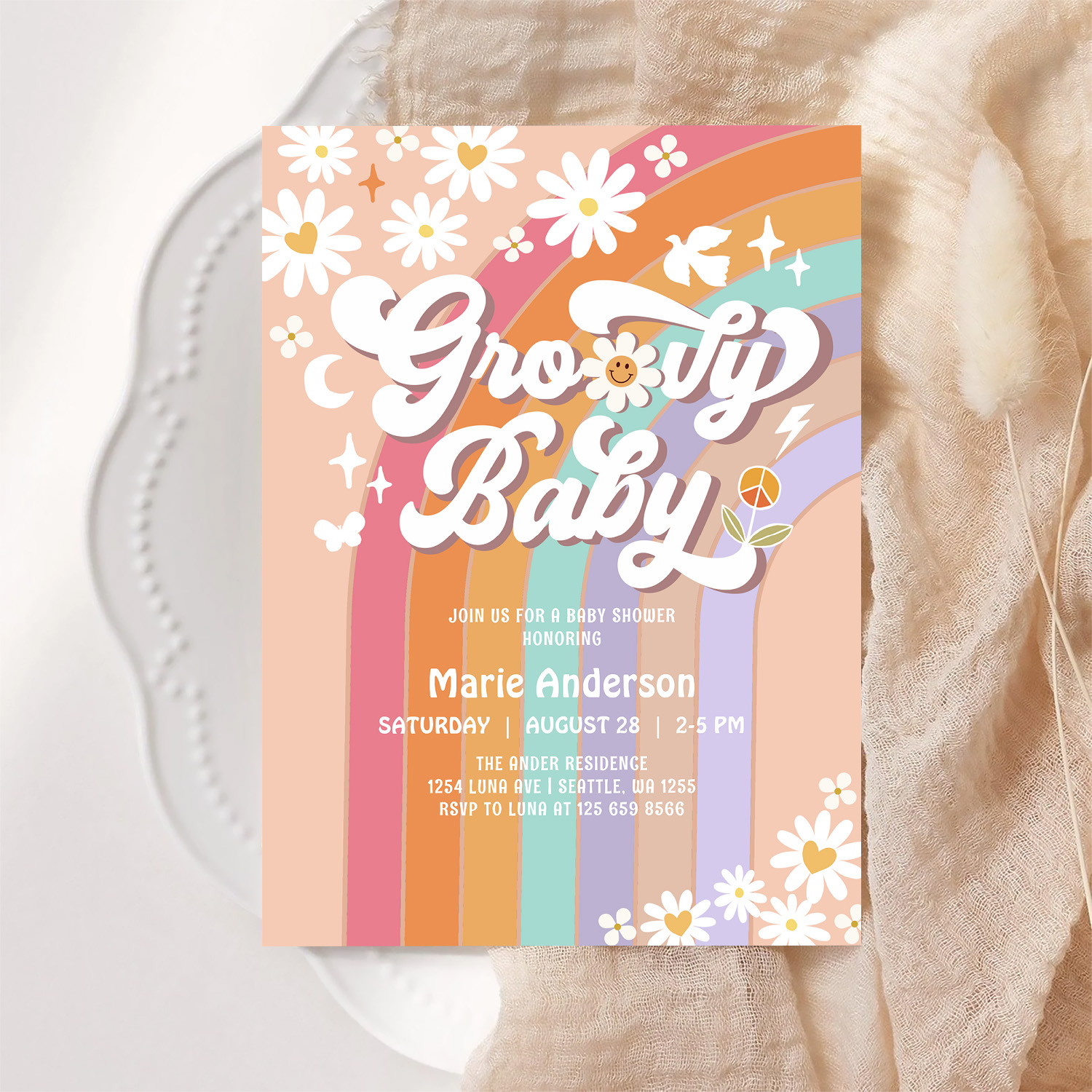 Pink Daisy Rainbow Hippie 70S Retro Baby Shower Invitation - Image 6