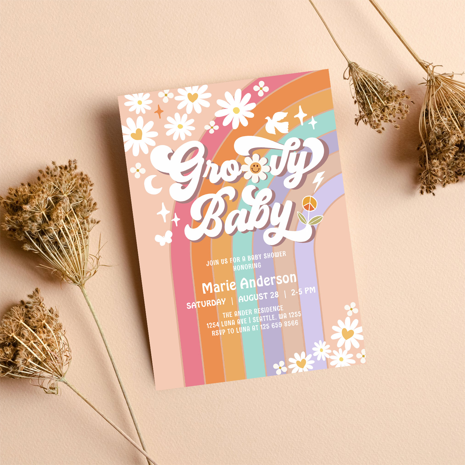 Pink Daisy Rainbow Hippie 70S Retro Baby Shower Invitation - Image 8