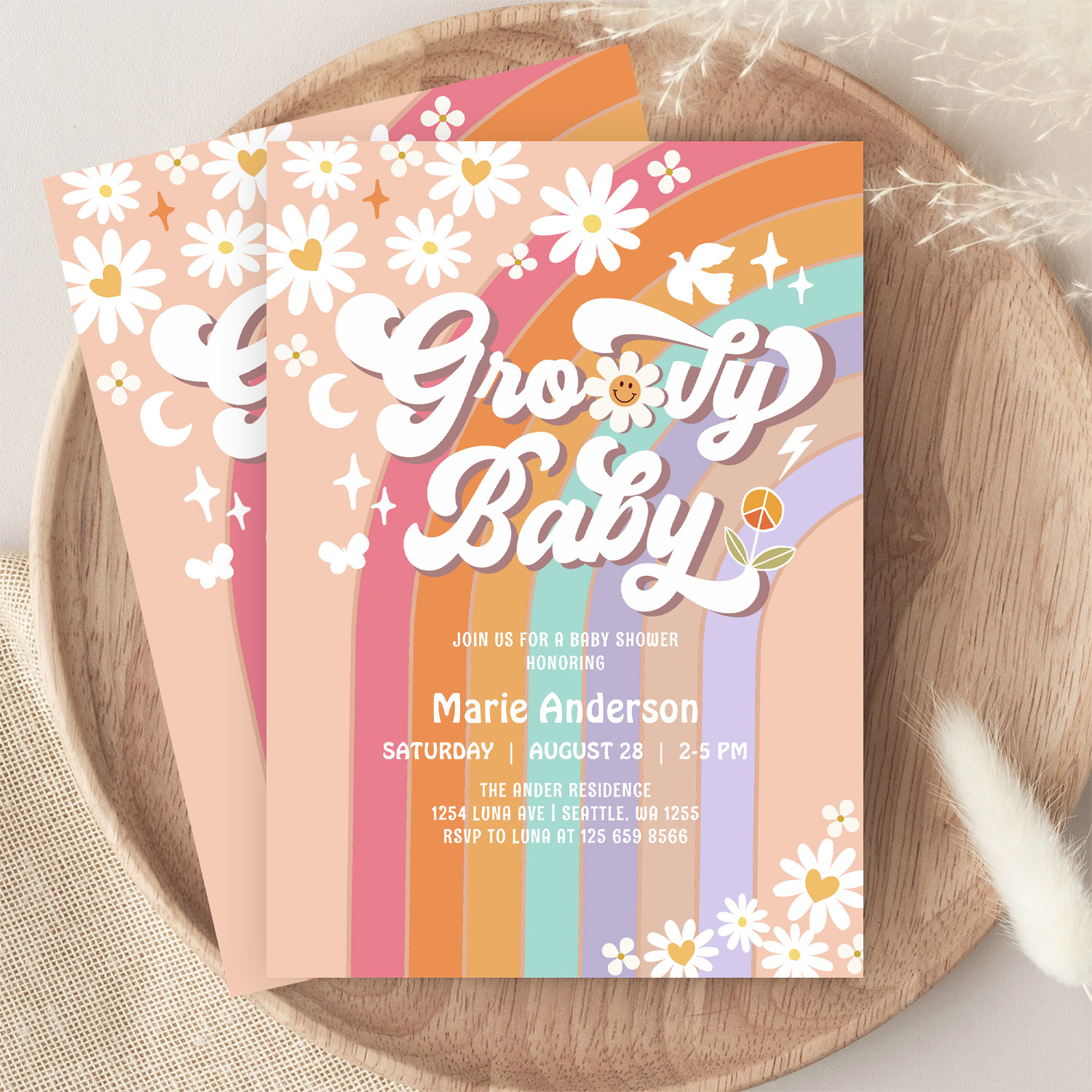 Pink Daisy Rainbow Hippie 70S Retro Baby Shower Invitation - Image 9