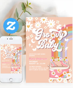 Pink Daisy Rainbow Hippie Groovy Van Baby Shower Invitation