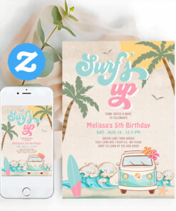 Pink Mint Aqua Girl Surfs Up Surfing Birthday Invitation