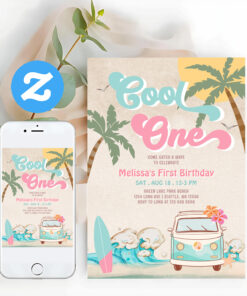 Pink Mint Cool One Surfing 1st Birthday Invitation