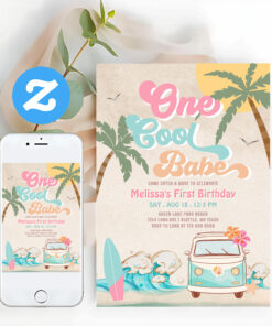 Pink Mint One Cool Babe Surfing 1st Birthday Invitation