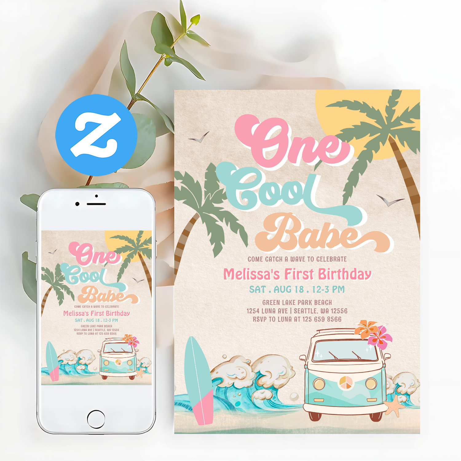 Pink Mint One Cool Babe Surfing 1st Birthday Invitation