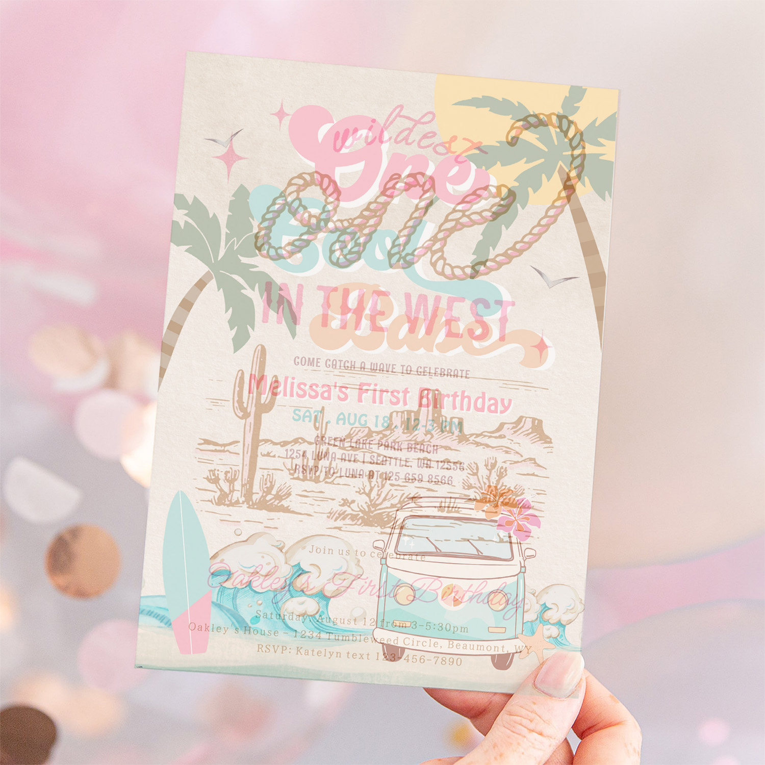 Pink Mint One Cool Babe Surfing 1st Birthday Invitation - Image 12