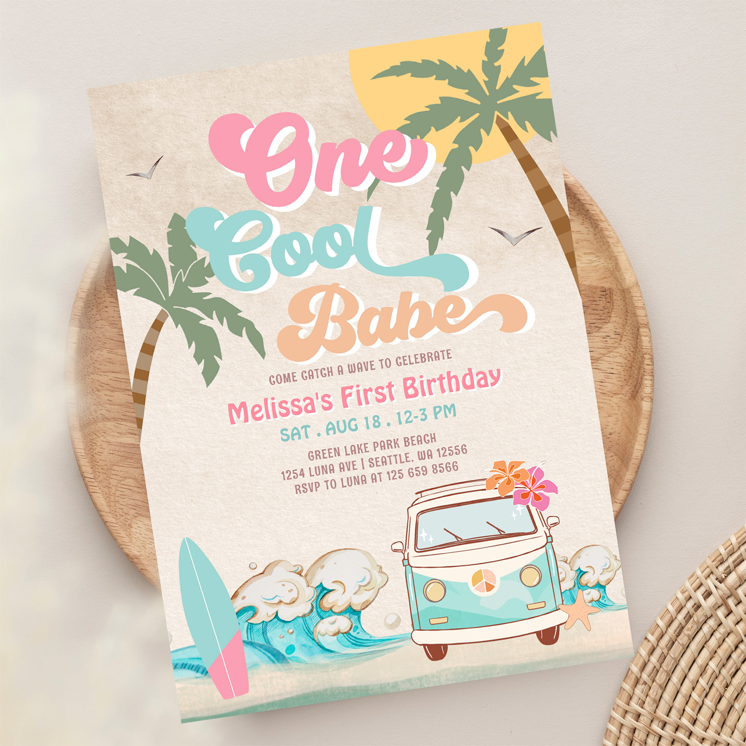 Pink Mint One Cool Babe Surfing 1st Birthday Invitation - Image 13