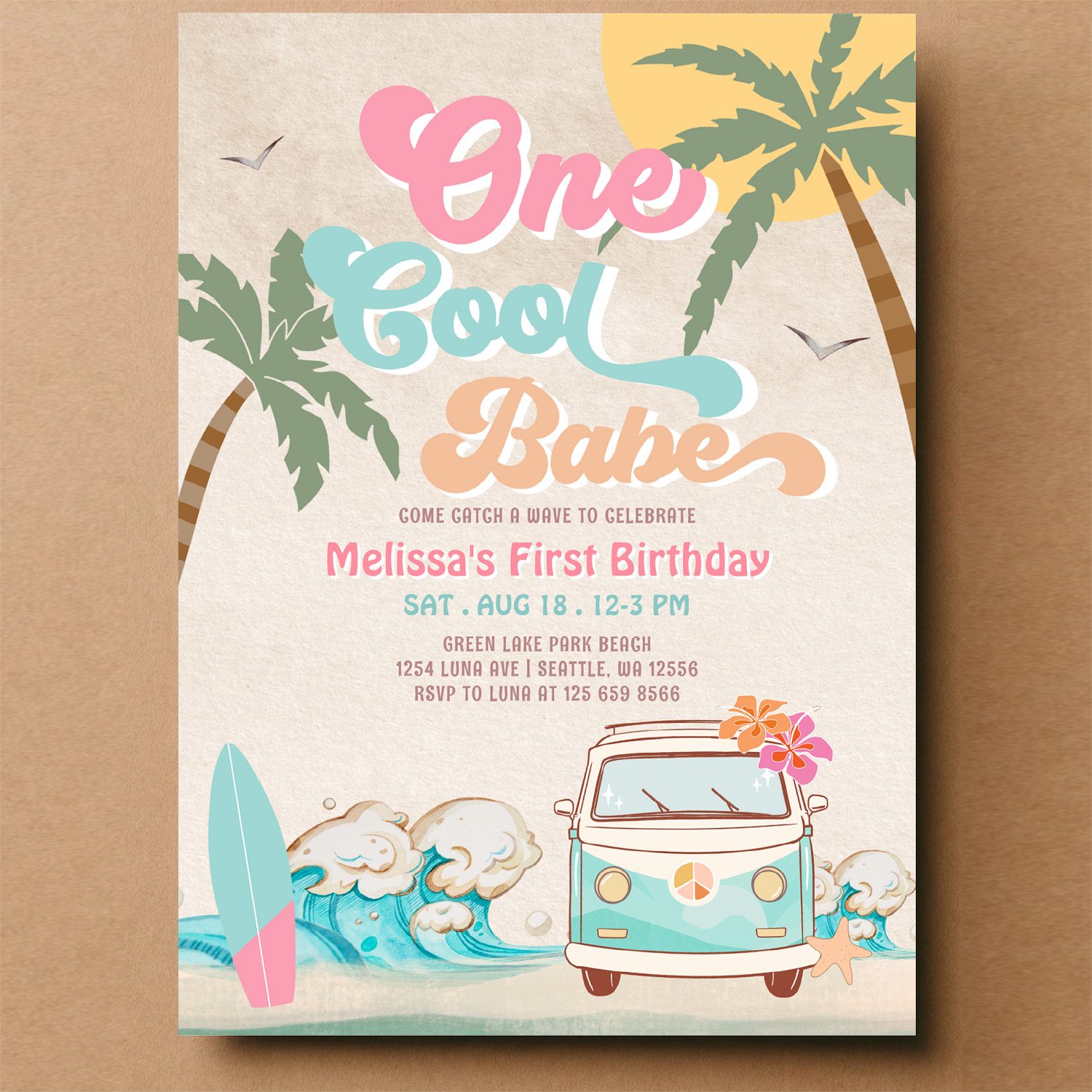Pink Mint One Cool Babe Surfing 1st Birthday Invitation - Image 14