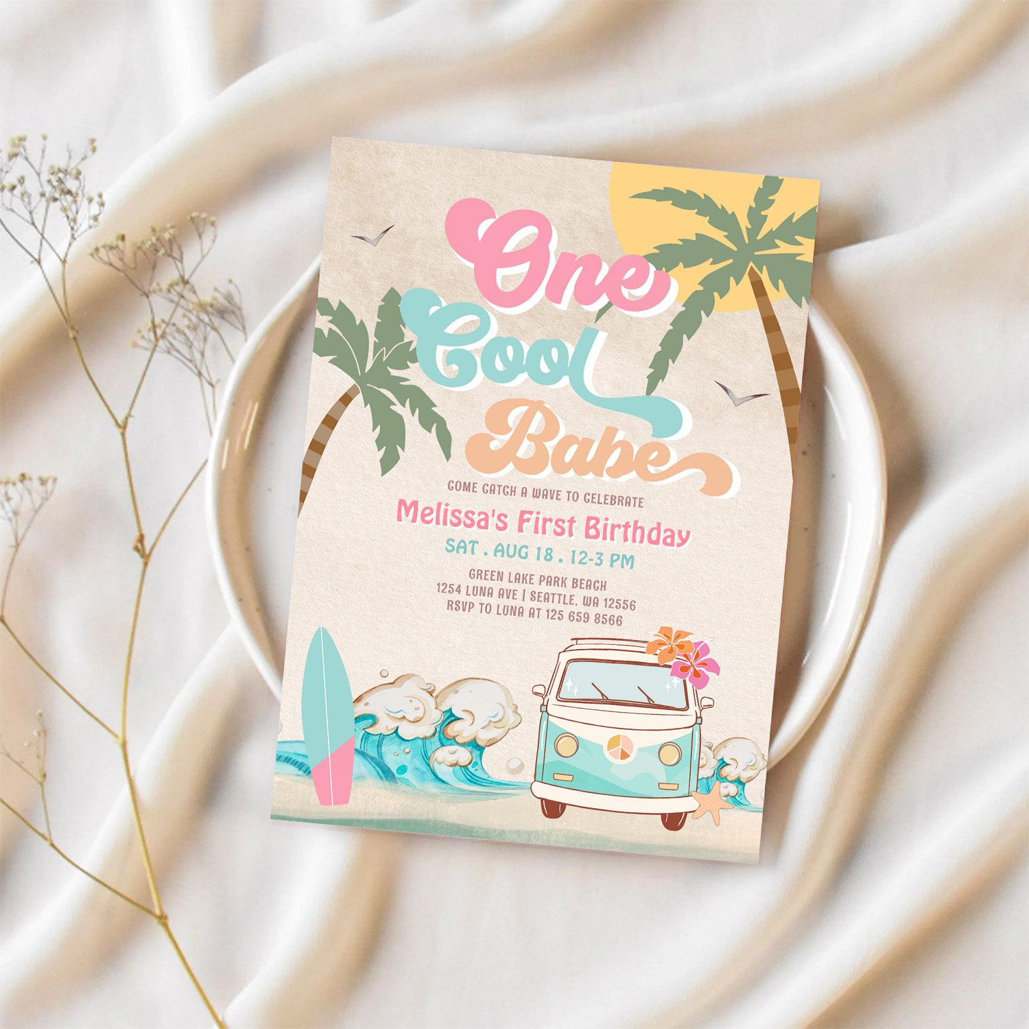 Pink Mint One Cool Babe Surfing 1st Birthday Invitation - Image 2