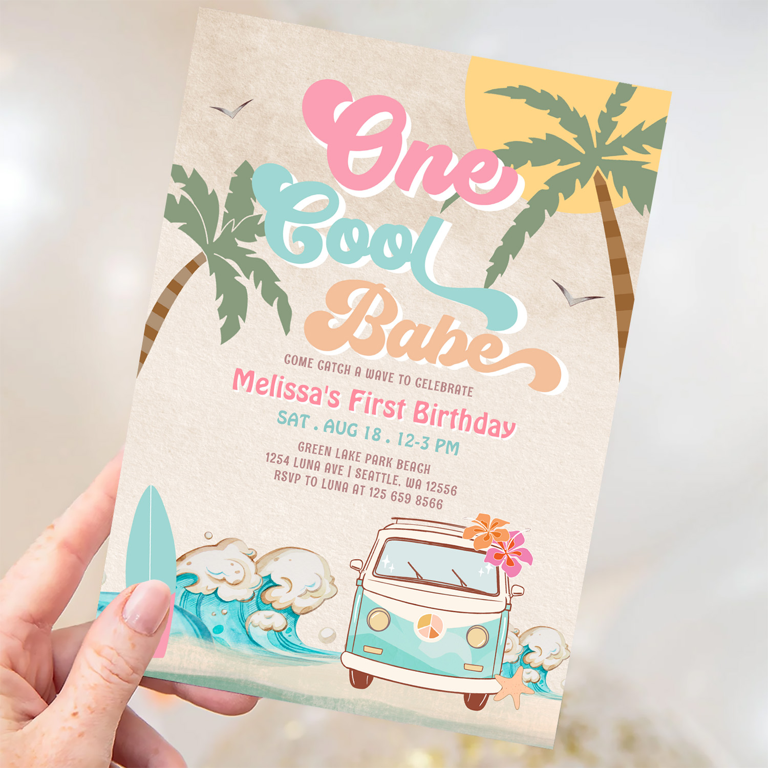 Pink Mint One Cool Babe Surfing 1st Birthday Invitation - Image 3